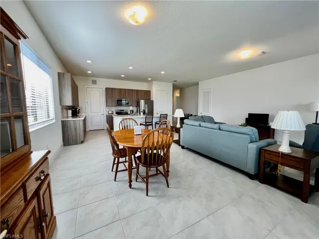 Living area, dining area & kitchen