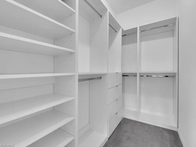 Walk in closet featuring light colored carpet