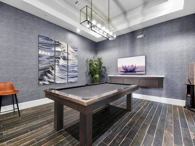 Recreation room featuring billiards table and a tray ceiling