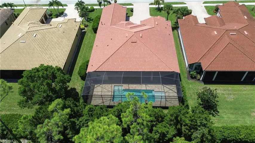 View from above of property with a pool