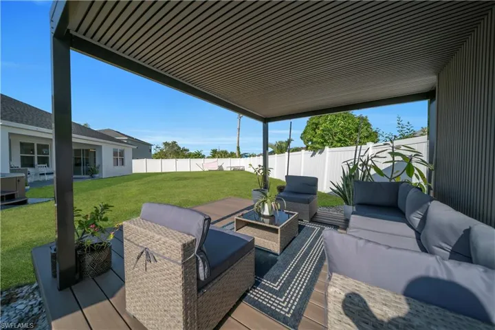 Fenced backyard with an outdoor living space and a patio area