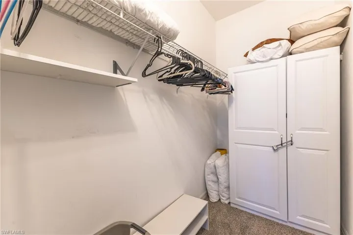 Walk in closet with dark colored carpet