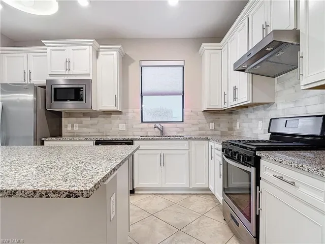 Kitchen featuring decorative backsplash, exhaust hood, white cabinets, stainless steel appliances, and a sink