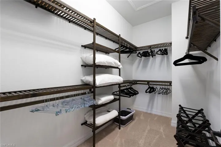 Walk-in closet featuring a comprehensive custom organization system, extensive shelving, multiple hanging rods, and neutral carpeting