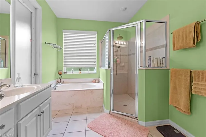 Primary bathroom with soaking tub and walk-in shower
