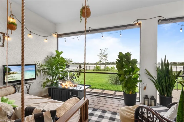 Patio with swinging couch