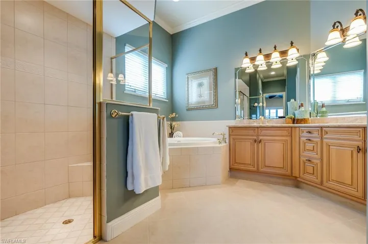 Bathroom featuring vanity, ornamental molding, shower with separate bathtub, and tile patterned flooring