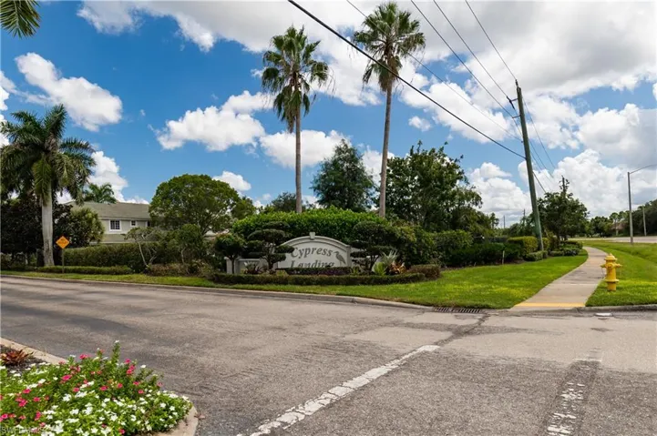 Cypress Landing community entrance with established landscaping, mature palm trees, and a paved sidewalk