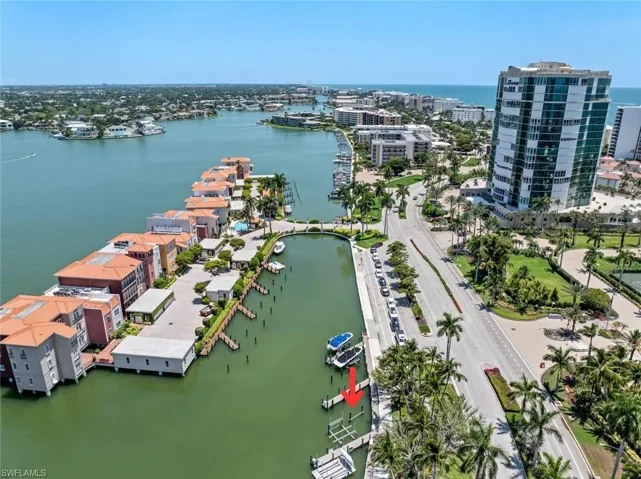 Birds eye view of the slip with a view south towards the Gulf access area