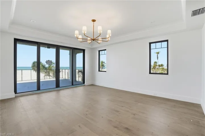 Empty room featuring a raised ceiling, suspended lighting, plenty of natural light, light wood-style flooring, and a water view