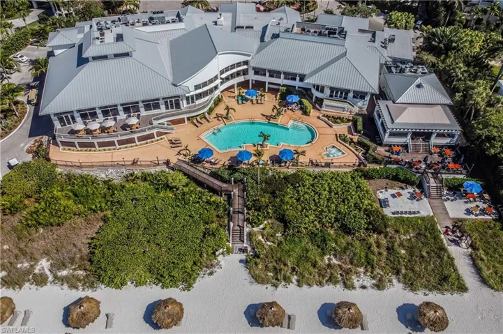Aerial View of Hideaway Clubhouse, pool, and private beach