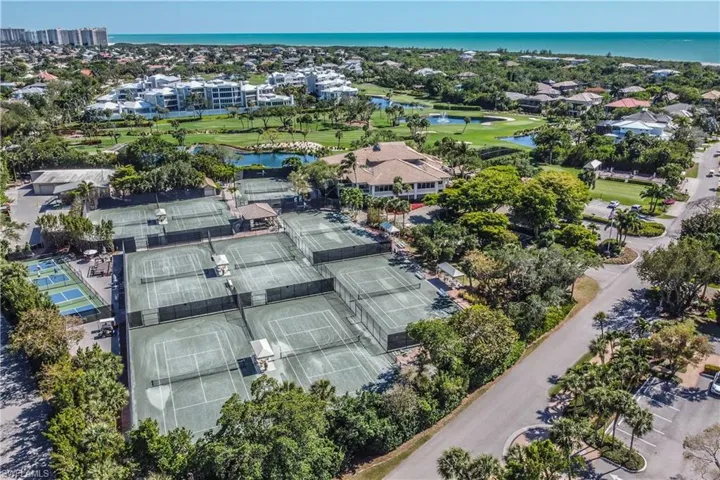 Aerial view of Hideaway Beach tennis courts and golf course