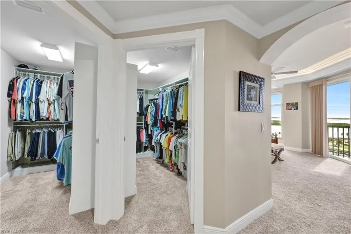 Walk in closet featuring light carpet