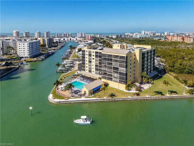 Bird's eye view of a large body of water and skyline