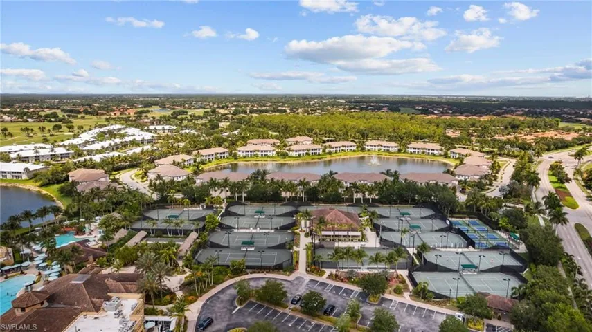 Birds eye view of property with a water view