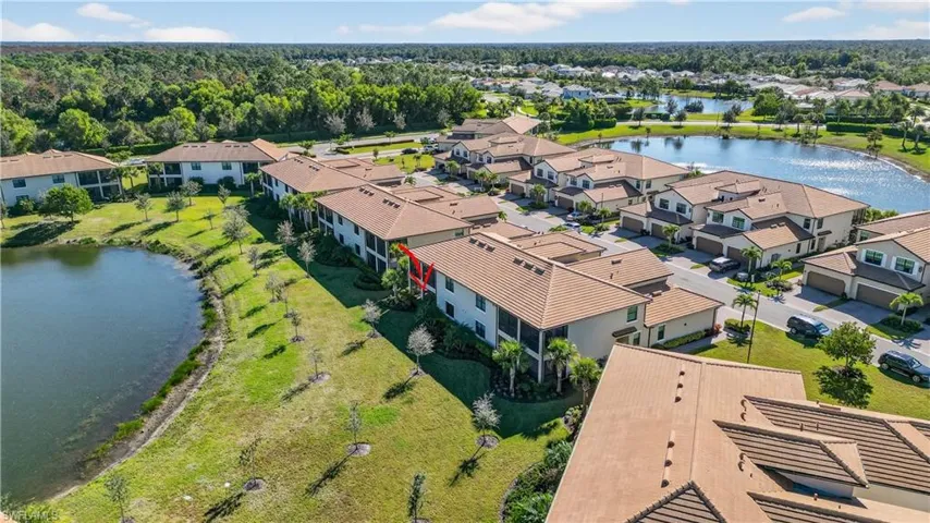 Aerial perspective of suburban area with a large body of water