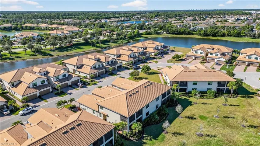 Aerial perspective of suburban area featuring a nearby body of water