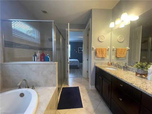 Bathroom featuring hardwood / wood-style flooring, plus walk in shower, vanity, and plenty of natural light