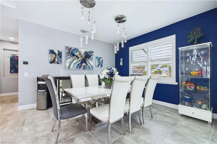 Open dining area allows flexibility from small groups to Thanksgiving dinner.