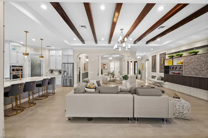 Living room with a notable chandelier