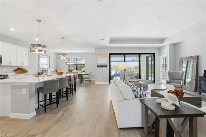 Living area featuring light wood finished floors and a raised ceiling