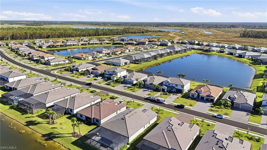 Aerial perspective of suburban area featuring a nearby body of water
