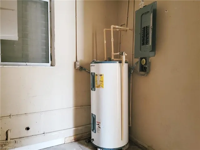 Utility room featuring electric panel and water heater