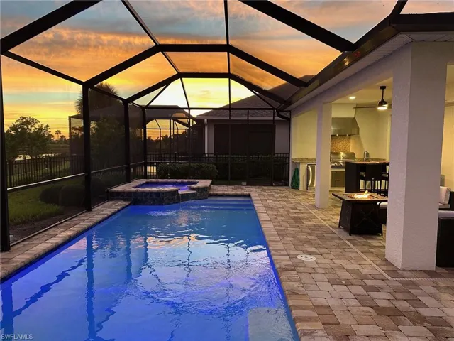 Pool, Outdoor Kitchen at Sunset