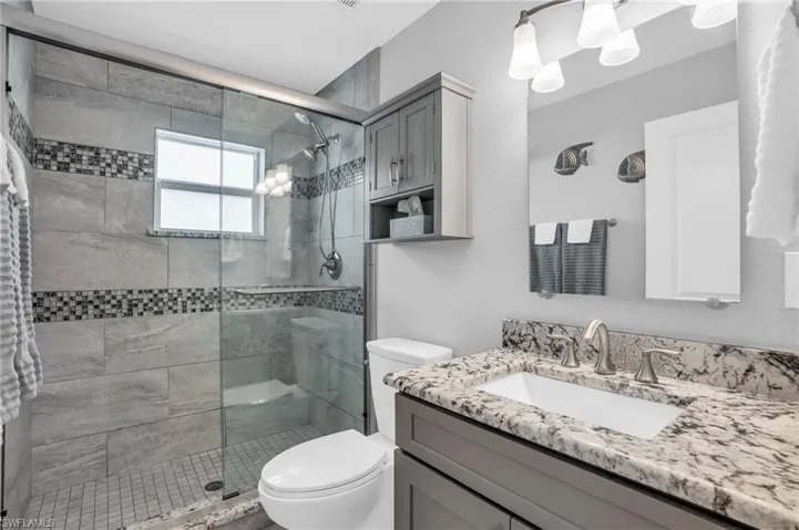 Bathroom featuring vanity, walk in shower, and toilet
