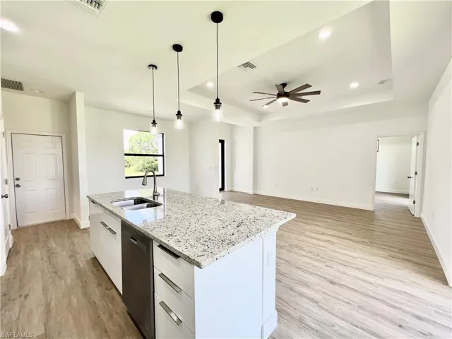 Kitchen with sink, a raised ceiling, light hardwood / wood-style floors, and white cabinets