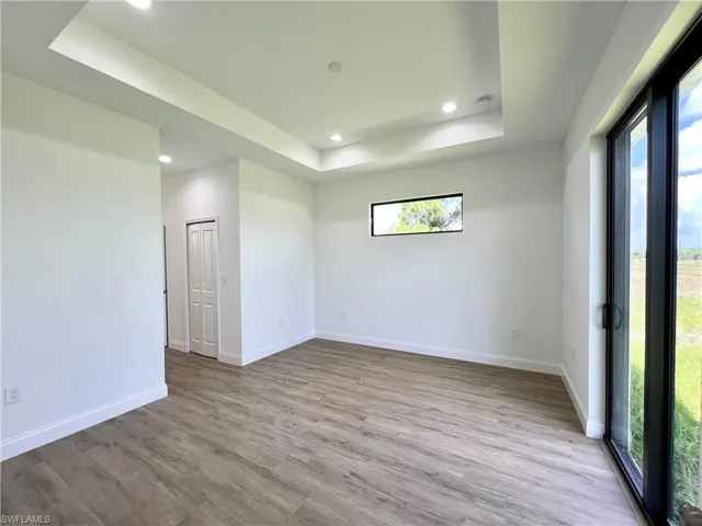 Empty room with light hardwood / wood-style floors, a wealth of natural light, and a tray ceiling