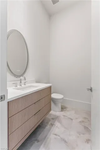 Half bath featuring vanity and toilet