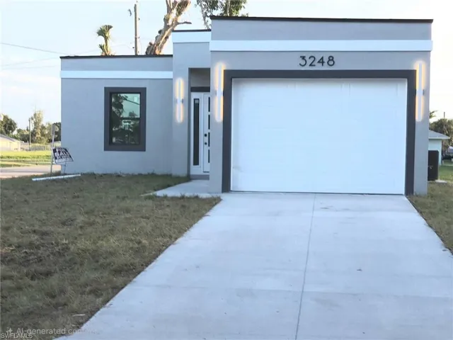View of front of property with concrete driveway, stucco siding, and a front yard
