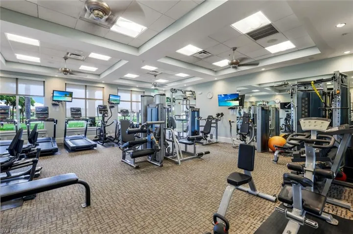 Workout area with a drop ceiling, a ceiling fan, and carpet flooring