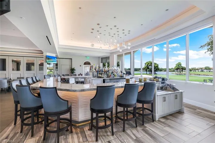 Bar area with a tray ceiling, light wood-style flooring, and hanging light fixtures