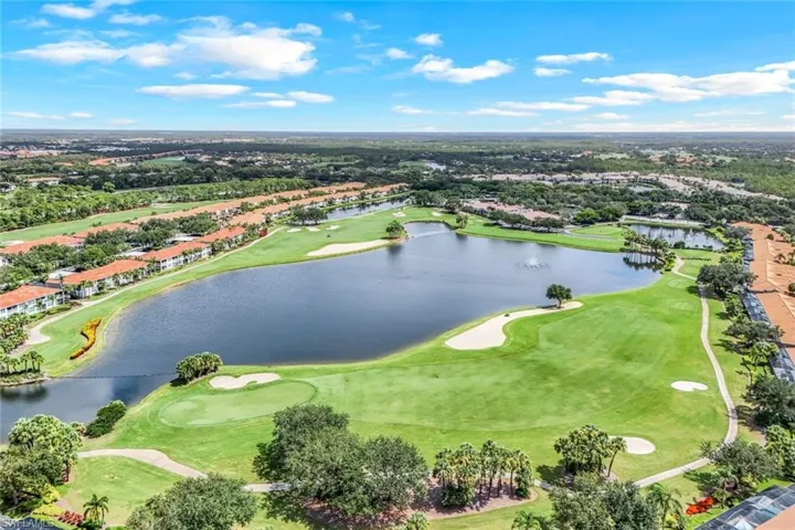 Bird's eye view of a nearby body of water and a golf club