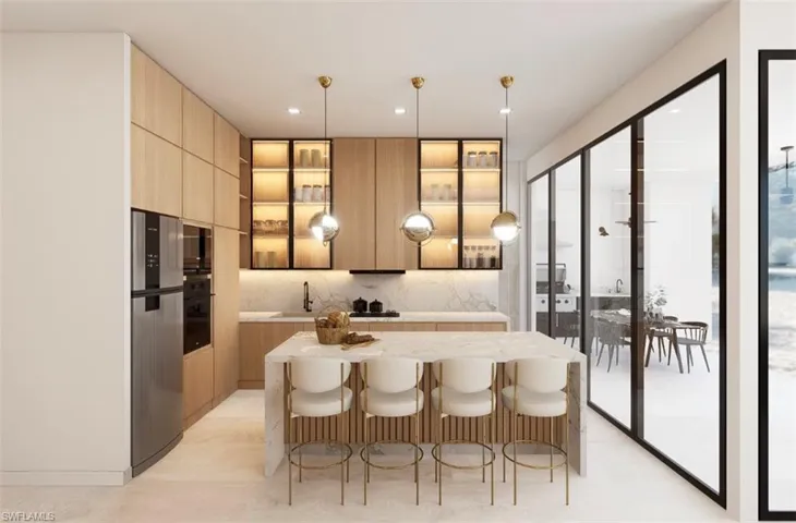 Kitchen featuring modern cabinets, hanging light fixtures, a breakfast bar, light stone counters, and black appliances (Rendered photo)