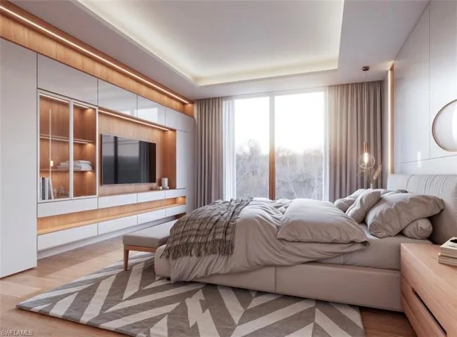 Bedroom with light wood-style floors and a raised ceiling (Rendered photo)