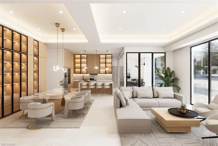 Living room with a raised ceiling and recessed lighting (Rendered photo)