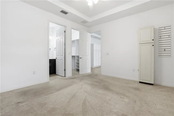 Unfurnished bedroom featuring a tray ceiling, light colored carpet, a walk in closet, a ceiling fan, and connected bathroom