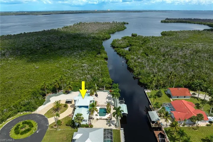 Birds eye view of property with a water view