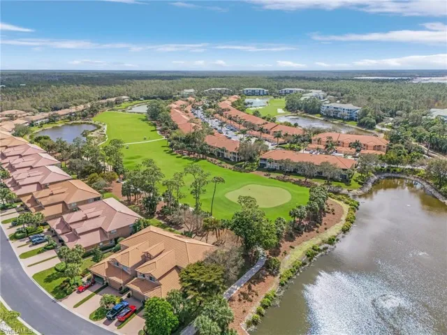 Aerial view of the 6th fairway, green and pond.
