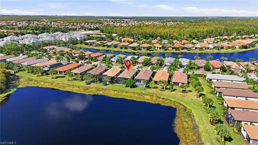 Aerial perspective of suburban area with a large body of water