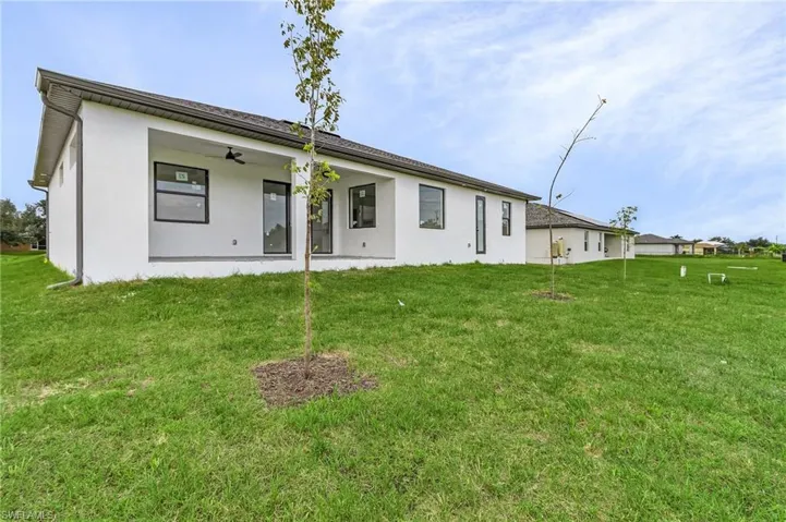 Rear view of property featuring a lawn and ceiling fan