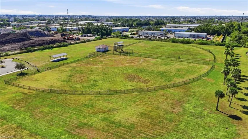Aerial view of sparsely populated area with a pastoral area