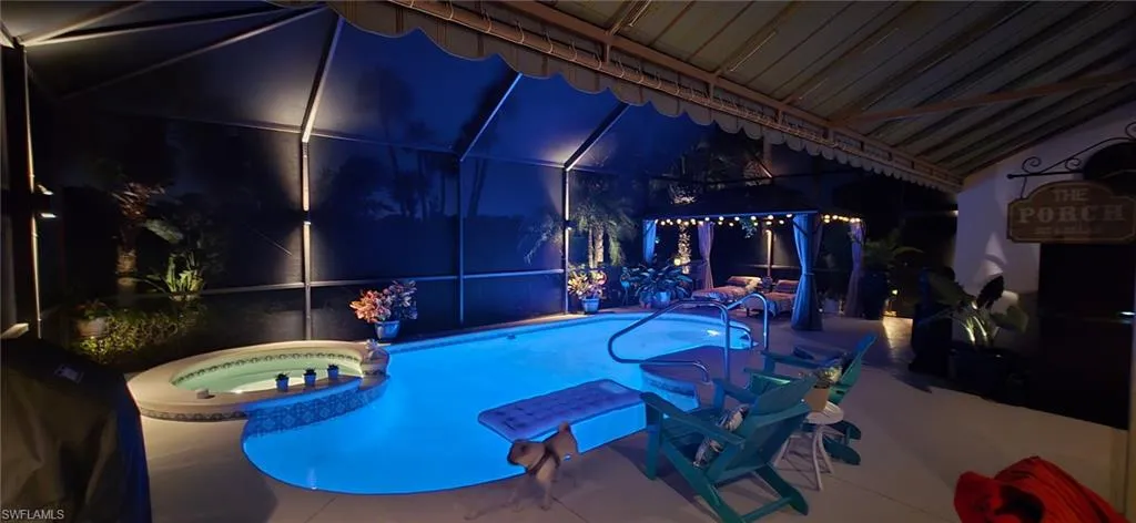 Pool and cabana at night
