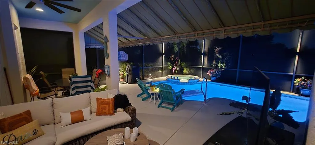 Lanai and pool at night