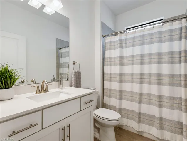 Bathroom featuring vanity, walk in shower, toilet, and wood-type flooring