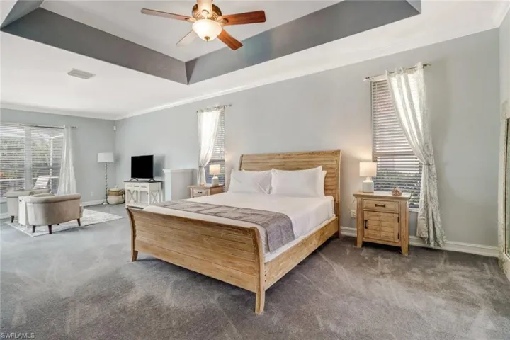Bedroom with a tray ceiling, multiple windows, carpet flooring, a ceiling fan, and crown molding