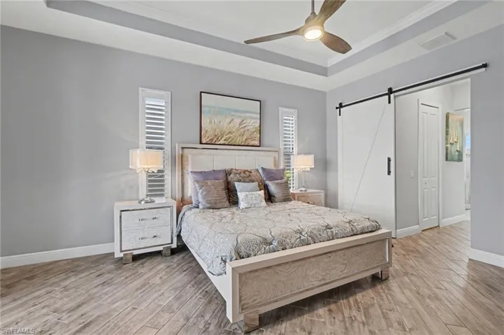 Master bedroom with wood-look flooring, a tray ceiling, and a ceiling fan
